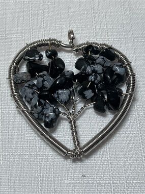 Handcrafted Silver-Tone Tree of Life Pendant with Black Snowflake Obsidian beads